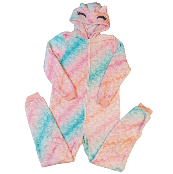 Saint Eve Fleece Fleece Sleeper Girls L14/16 Rainbow Pink Cat Hood Pajama Jumper - Picture 1 of 11